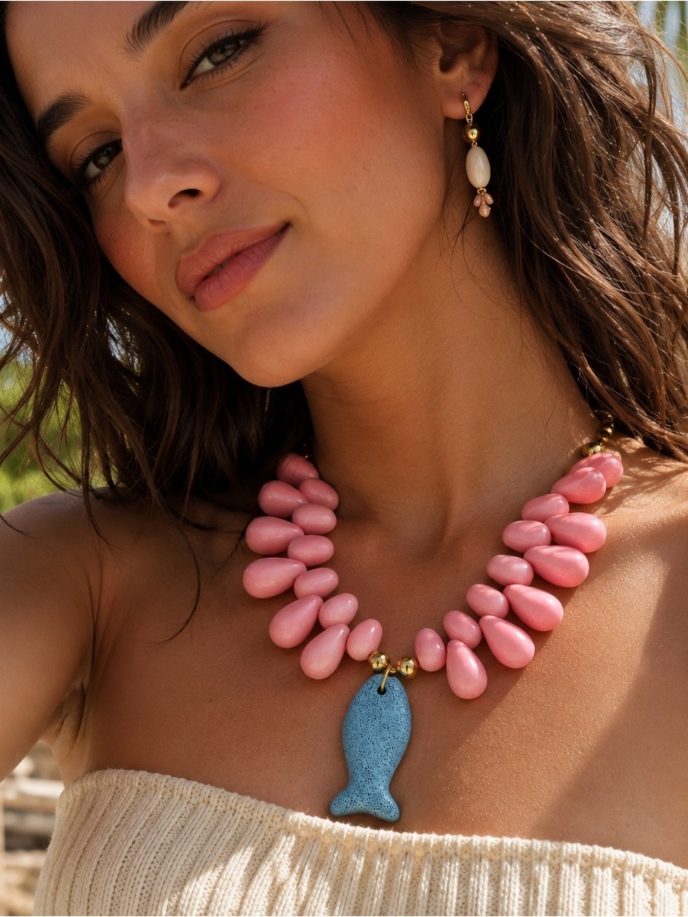 Pink Bead Necklace with Blue Fish Pendant